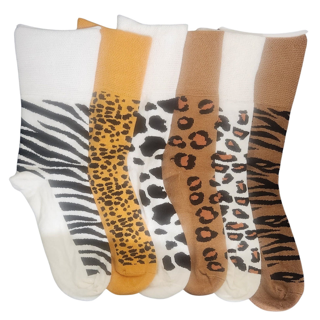 6 x Ladies Women Bamboo Blend Socks with Soft Top – Animal Leopard Print