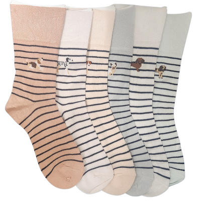6 x Ladies Women Bamboo Blend Socks with Soft Top – Dog Design