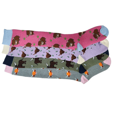 4 x Ladies Women Wellington Welly Socks Thermal Long Knee High with Cow Pattern