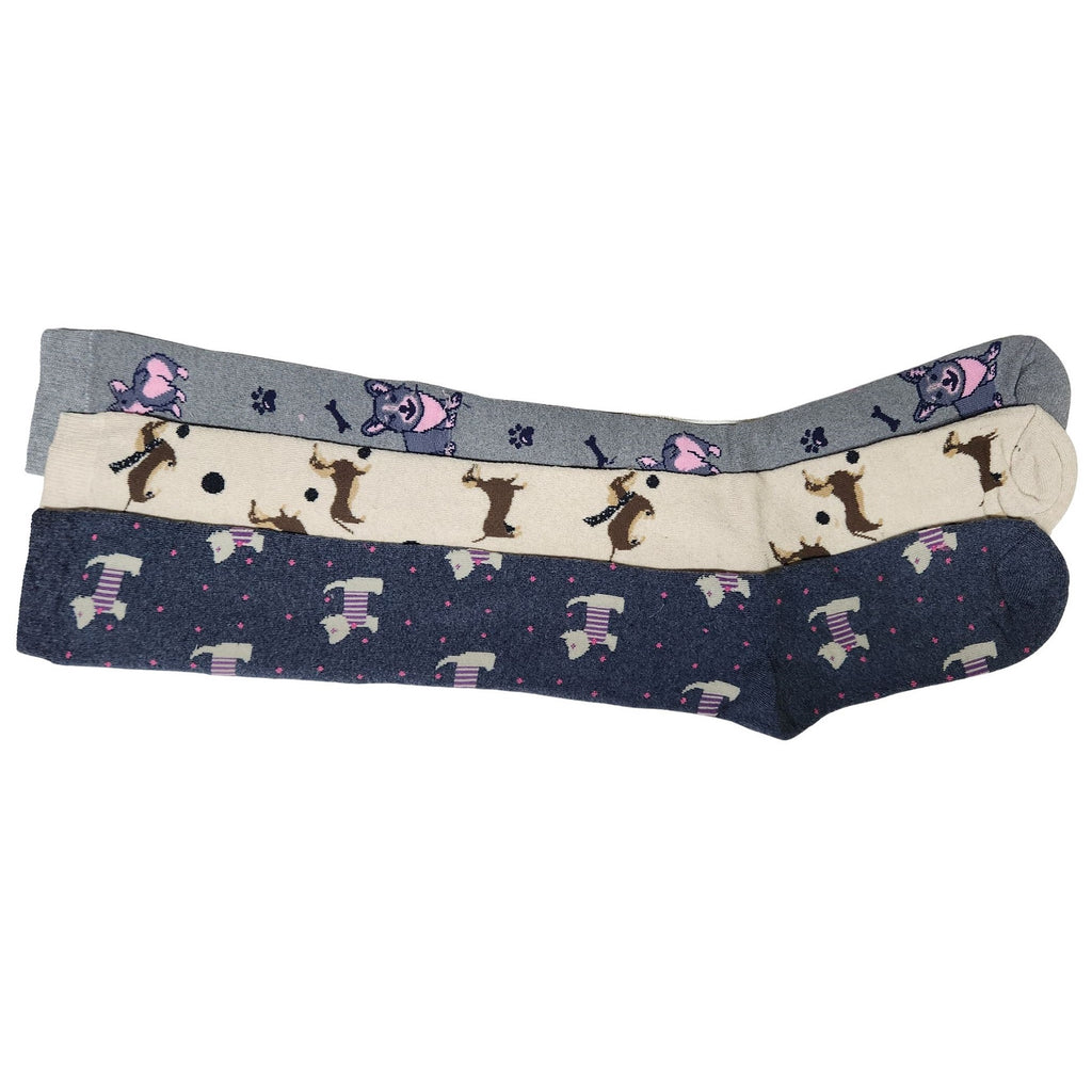 3 x Ladies Women Wellington Welly Socks Thermal Long Knee High with Dog Pattern