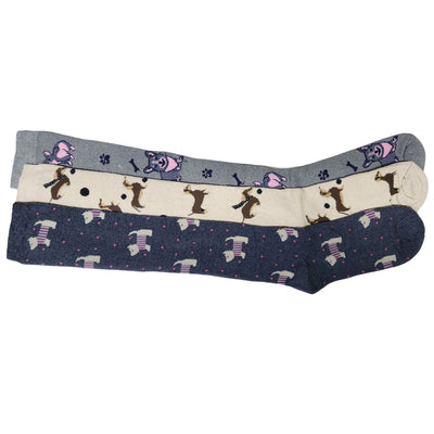 3 x Ladies Women Wellington Welly Socks Thermal Long Knee High with Dog Pattern