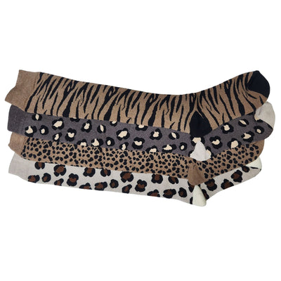 4 x Ladies Women Wellington Welly Socks Thermal Long Knee High with Leopard Animal Pattern