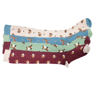 4 x Ladies Women Wellington Welly Socks Thermal Long Knee High with Autumn Animal Pattern