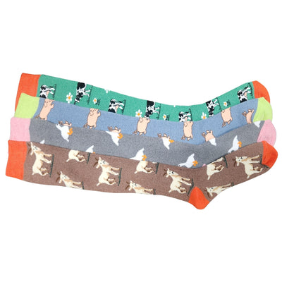 4 x Ladies Women Wellington Welly Socks Thermal Long Knee High with Farm Animal Pattern