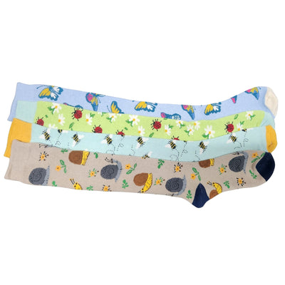 4 x Ladies Women Wellington Welly Socks Thermal Long Knee High with Garden Bug Pattern