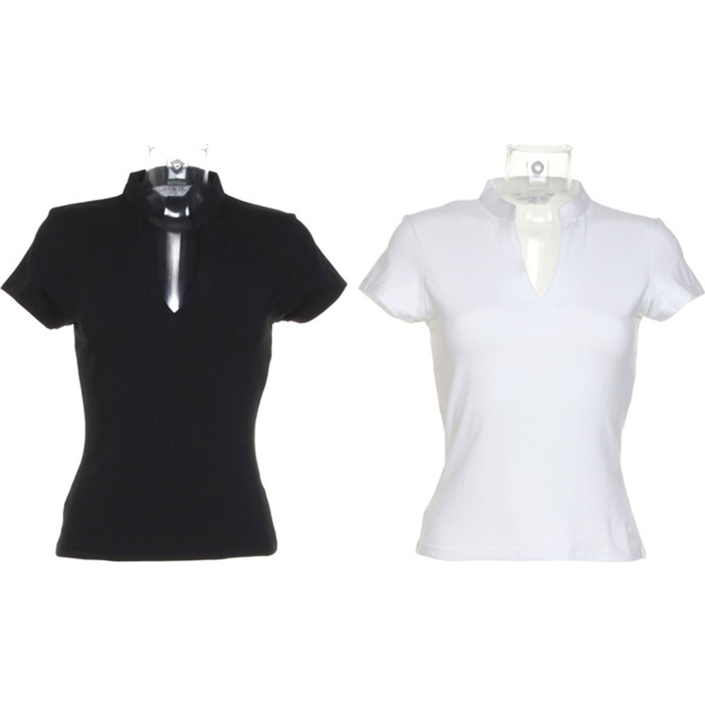 Ladies Women Kustom Kit Corporate Short Sleeve V Neck Mandarin Collar Cotton Top