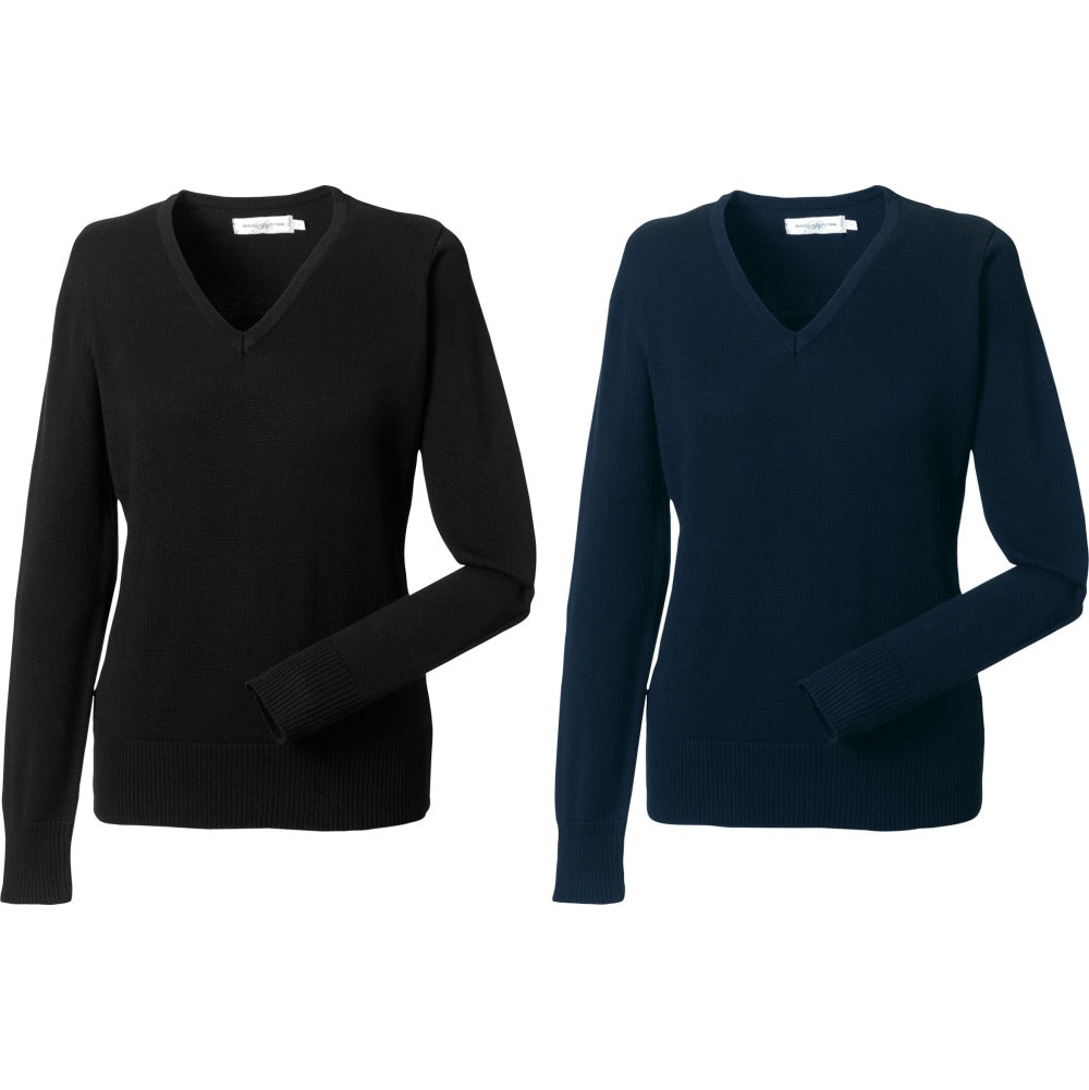 Ladies Women Russell Collection V Neck Long Sleeve Knitted Knit Sweater Top