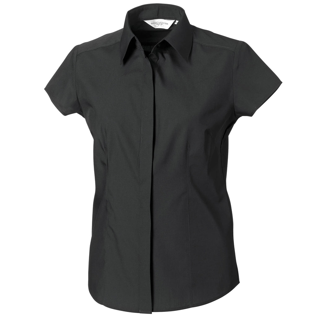 Ladies Women Russell Collection Cap Sleeve Easycare Fitted Poplin Shirt