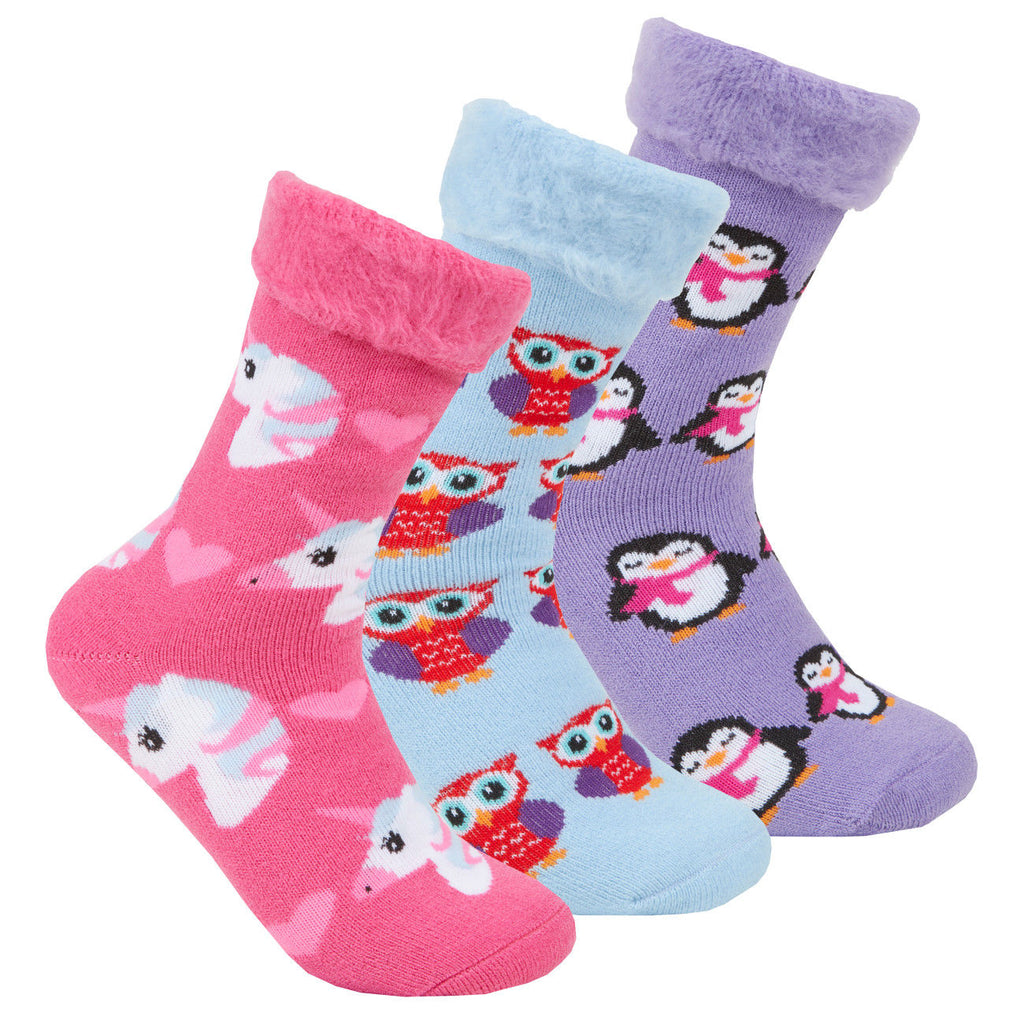 3 x Womens Fluffy Socks for Bed Lounge with Non Slip Grip Unicorn Owl Penguin Design